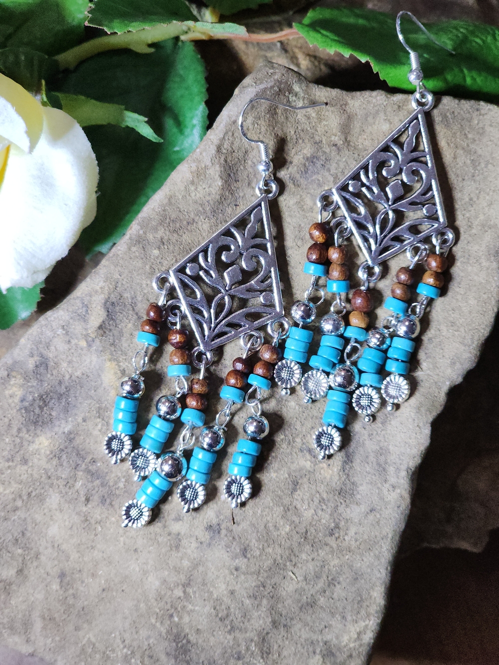 Boho Chandelier Earrings With Faux Turquoise & Wood Beads& Silver Toned Accents